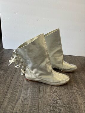 Women’s Metallic Silver Leather Mid-Calf fringe Booties